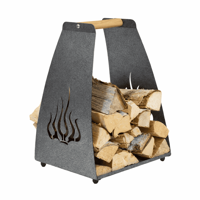 Liekki (flame) firewood carrier rack with wooden handle, antique silver (239)